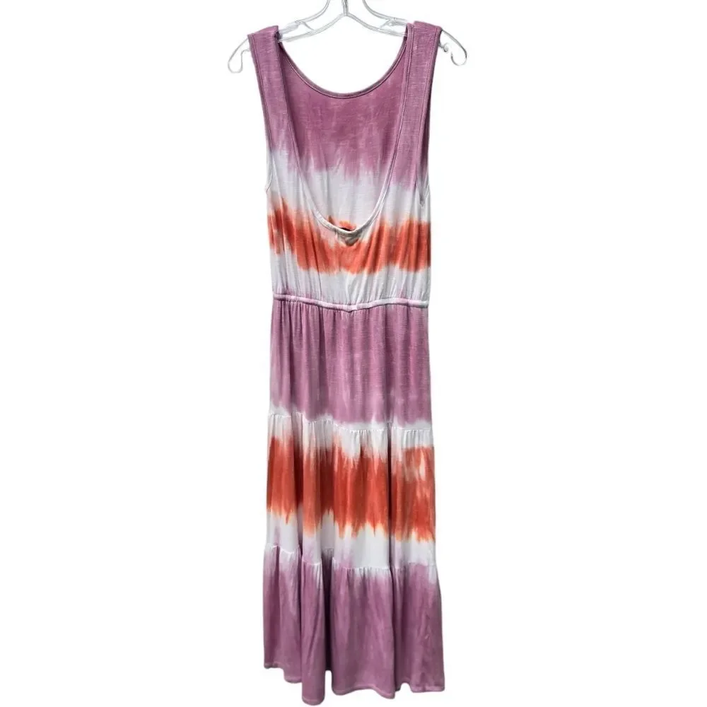 Knox Rose Low Back Scoop Neck Tie Dye Maxi‎ Dress White Pink Orange Medium